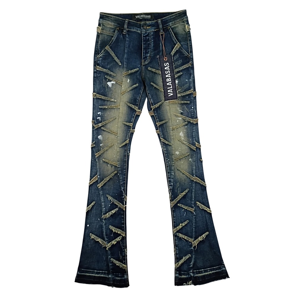 Valabasas Jeans Stacked Flare Men 30X36 Blue Distressed‎ Frayed Applique Street